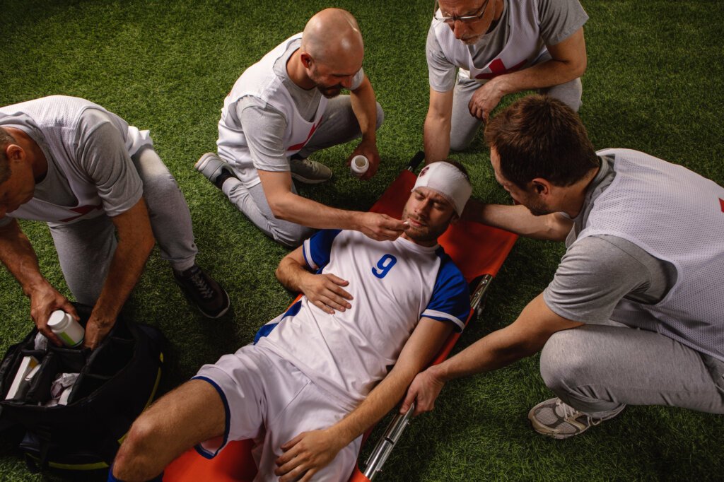 Soccer player received a head injury during the game.