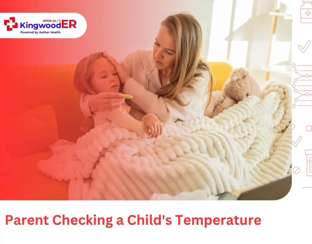 Parent checking a child's temperature with a digital thermometer
